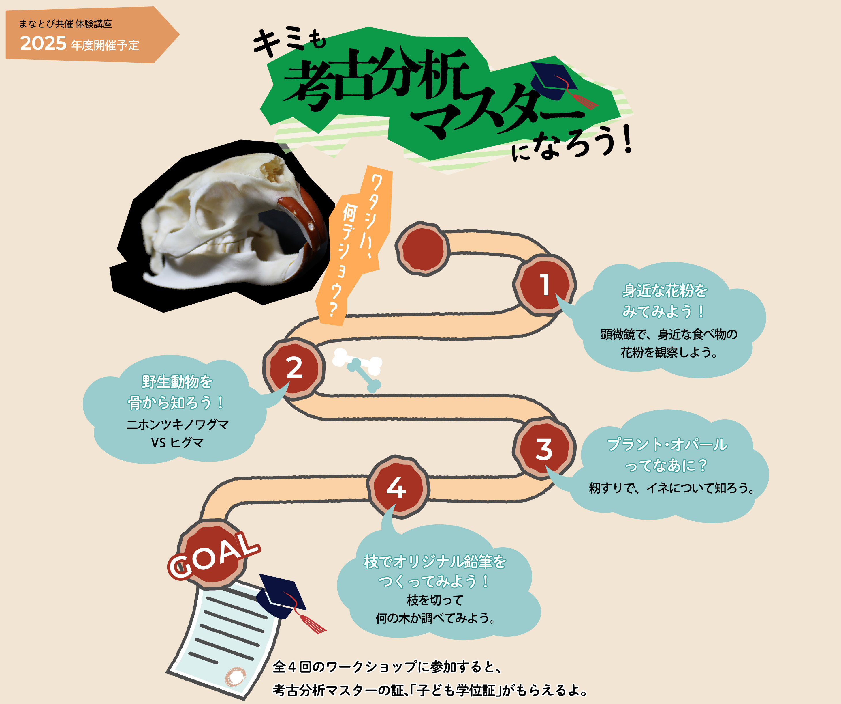 ワークショップ「キミも考古分析マスターになろう！」の説明イラスト。2025年度開講予定。小学４年生～中学生を対象としています。