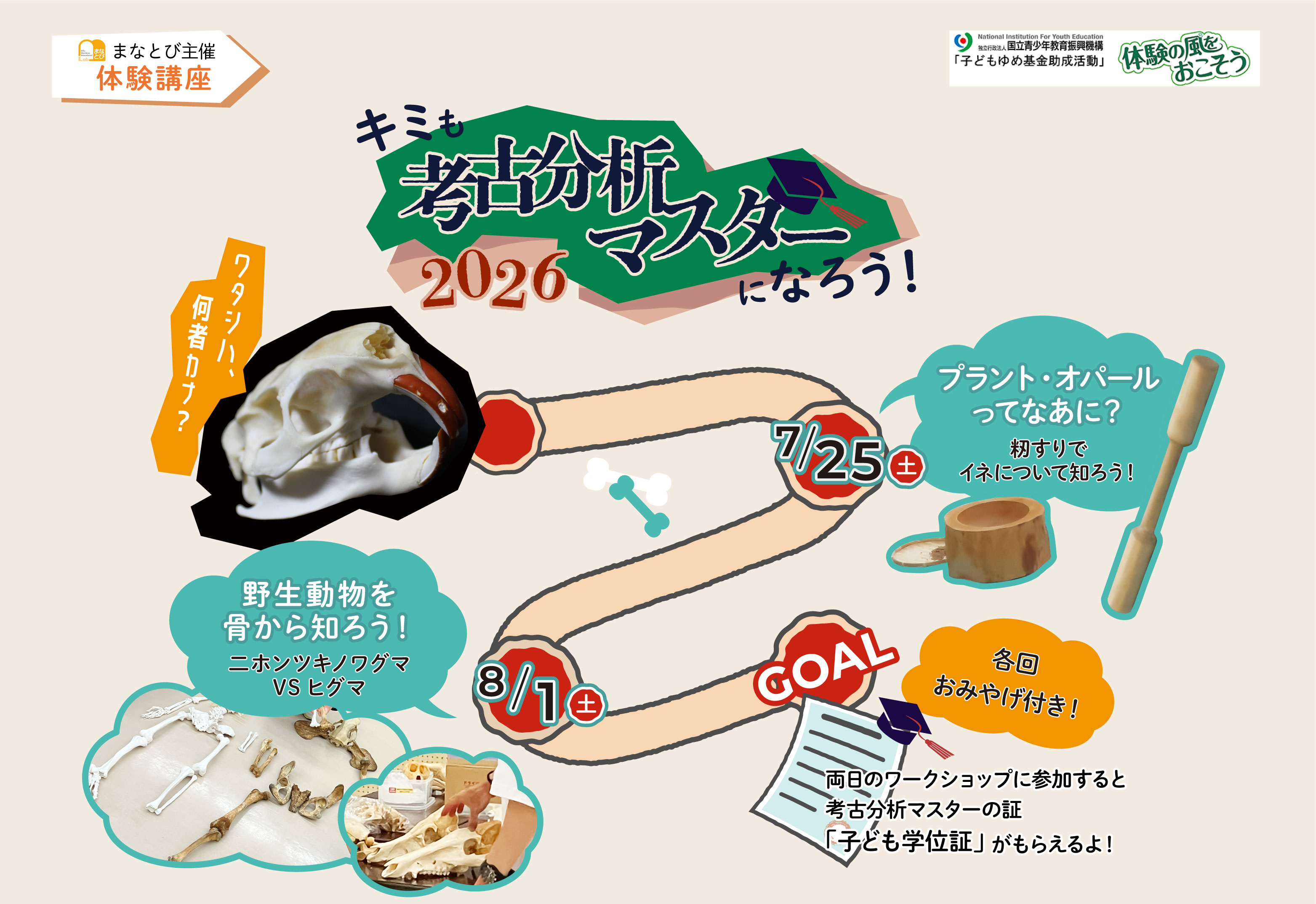 ワークショップ「キミも考古分析マスターになろう！2026」の説明イラスト。2026年7月25日(土)・2026年8月1日(土)。全2回。1回のみの参加も可能です。小学４年生～中学生を対象としています。