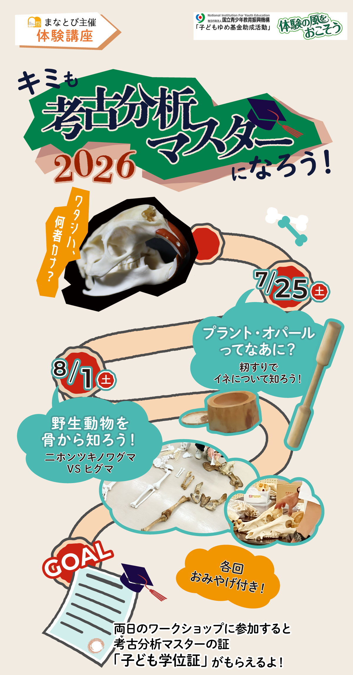 ワークショップ「キミも考古分析マスターになろう！2026」の説明イラスト。2026年7月25日(土)・2026年8月1日(土)。全2回。1回のみの参加も可能です。小学４年生～中学生を対象としています。